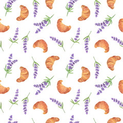 Lavender flowers, tasty croissant bun seamless pattern, symbol of French Provence region, summer and vacation design, hand drawn floral illustration for holiday design, invitations, travel articles, f