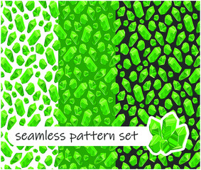 Set of seamless backgrounds. Green crystals of various shapes. Shining crystals isolated on white, black and green background. 
