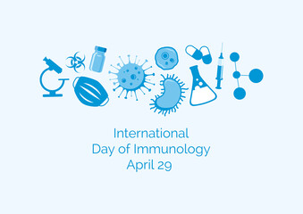 International Day of Immunology vector. Scientific and medical equipment blue icon set vector. Cells and bacteria vector. Day of Immunology Poster, April 29. Important day