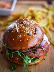 tasty delicious home made burgers with french fries