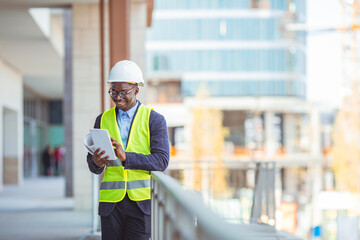 Portrait of smiling Engineer / Architect looking at camera. Working on a new office building. Happy mid adult engineer. Man engineer walking on construction site, holding tablet.
