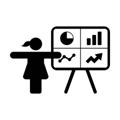Presentation icon vector female person with board for business and finance analytics and report symbol in a flat color glyph pictogram illustration