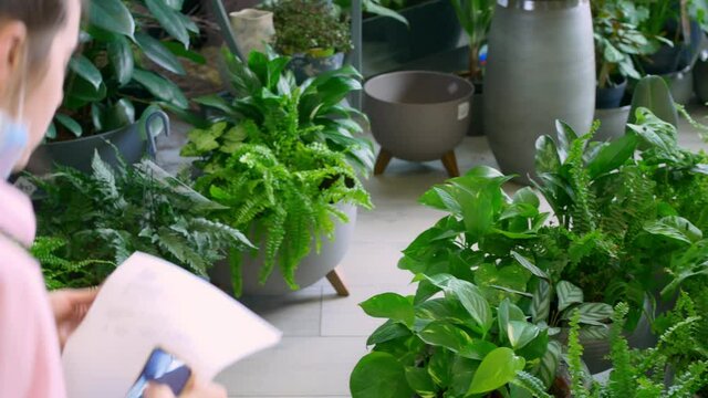Clay pots with flowers are on the floor. A woman florist keeps track of the sale of indoor flowers. Work in the greenhouse. Small business.
