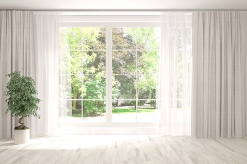 White empty room with summer landscape in window. Scandinavian interior design. 3D illustration