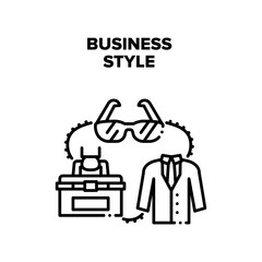 Business Style Vector Icon Concept. Costume And Sunglasses Business Style Of Manager. Businessman Wearing Tuxedo Going To Office With Case, Official Suit And Eyeglasses Accessory Black Illustration