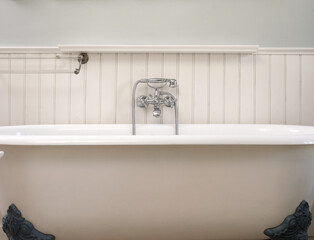 front view bathtub, the background is a light wall paneling with an empty shelf