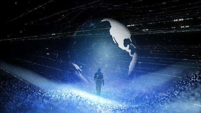 Futuristic man walking in cyberspace. Businessman in digital technology world with numbers and earth augumented reality.	