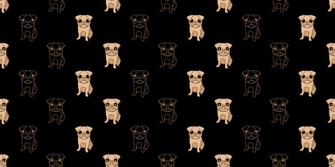 Dog seamless pattern, Pug on dark background.	