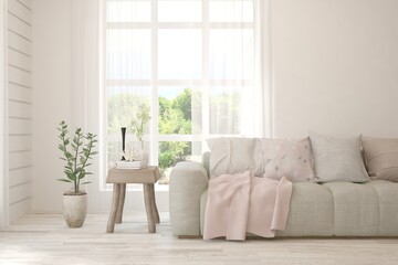 White living room with sofa and summer landscape in window. Scandinavian interior design. 3D illustration