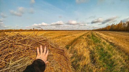 A man put his hand on a bale of hay