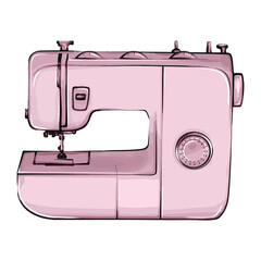 Hand-drawn sewing machine retro sketch for your design. A modern illustration of a sewing machine on a white background. Purple sewing machine beautiful illustration. sewing machine front view