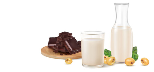Pure of Soy milk with glass of milk and Bottle mock up isolated on white background. Realistic vector in 3D elements.