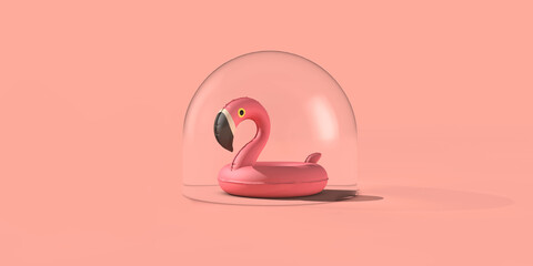 Coronavirus holiday travel bubble. Flamingo in a protective bubble 3D Rendering