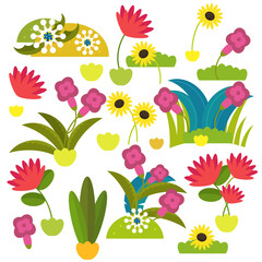 cartoon scene with set of flowers and nature elements