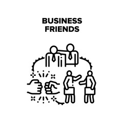 Business Friends Vector Icon Concept. Business Friends Colleagues Working Together In Company And Greeting With Special Handshake. Businesspeople Friendship And Communication Black Illustration
