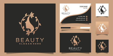 Woman logo with beautiful woman face concept dan floral line art style shape for business card design Premium Vector