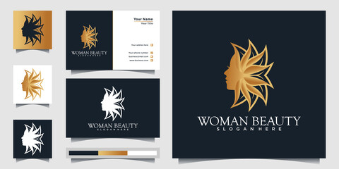 Fototapeta na wymiar Beautiful woman's face flower logo with golden gradient design concept for beauty salon Premium Vector