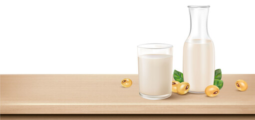 Soy milk with glass of milk and Bottle mock up isolated on white background. Realistic vector in 3D elements.