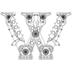 Vector letter W coloring book. An illustration on the theme of the alphabet in the steampunk style.