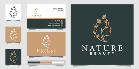 Natural Beautiful woman's face flower logo  with line art style concept and business card design for beauty salon Premium Vector