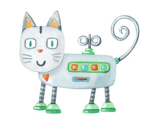 Watercolor robot cat with heart on white background. Cute watercolour cartoon character for baby. Izolated Hand Drawn