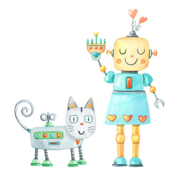 Watercolor cute robot cat and girl with heart on white background. Cute watercolour cartoon character for baby.