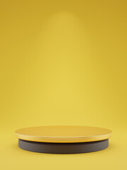 Ellipse-shaped matte gold podium on gray platform. Fortuna gold light background. Mock up of empty pedestal in center as a abstract symbol. 3d render illustration.