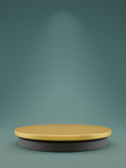 Ellipse-shaped matte gold podium on gray platform. Tidewater Green light background. Mock up of empty pedestal in center as a abstract symbol. 3d render illustration.