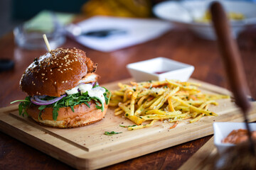 tasty delicious home made burgers with french fries