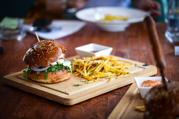 tasty delicious home made burgers with french fries