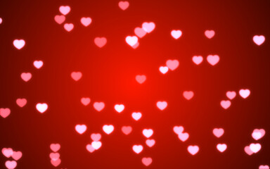 Valentine day pink hearts light on red background.