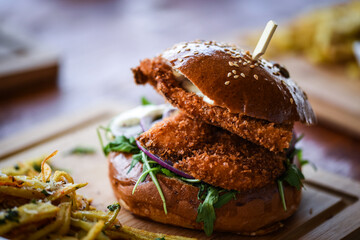 tasty delicious home made burgers with french fries