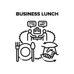 Business Lunch Vector Icon Concept. Business Lunch And Discussion Have Businesspeople In Restaurant. Partners People Eating Delicious Food And Communicate Together Black Illustration