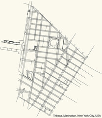 Black simple detailed street roads map on vintage beige background of the quarter Tribeca neighborhood of the Manhattan borough of New York City, USA