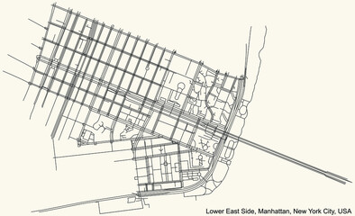 Black simple detailed street roads map on vintage beige background of the quarter Lower East Side neighborhood of the Manhattan borough of New York City, USA