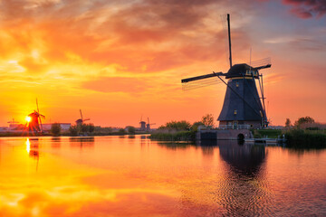 Windmills at Kinderdijk in Holland. Netherlands
