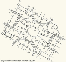 Black simple detailed street roads map on vintage beige background of the quarter Stuyvesant Town neighborhood of the Manhattan borough of New York City, USA