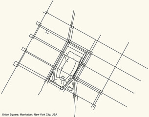 Fototapeta na wymiar Black simple detailed street roads map on vintage beige background of the quarter Union Square neighborhood of the Manhattan borough of New York City, USA