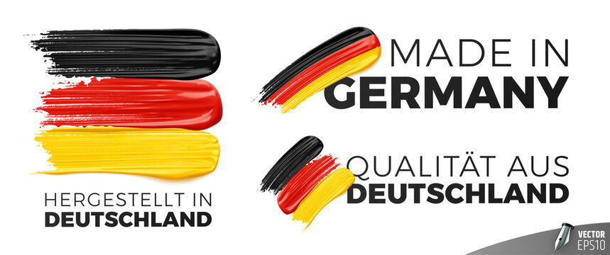 Logos "Hergestellt in Deutschland", "Made in Germany" et "Qualit&auml;t aus Deutschland" vectoriels sur fond blanc