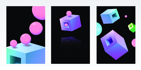 Hologram Rectangle Holographic Vector Set Black Background. Graphic Cube Illustration. Purple and Red Fashion Template. Pink and Blue Box Cover.