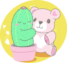 Cactus guy loves hugging bear doll