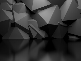 Black hexagon chaotic wall, abstract background.