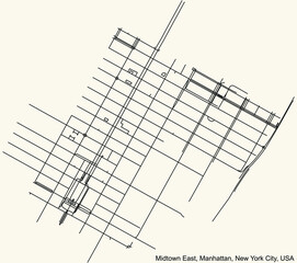 Black simple detailed street roads map on vintage beige background of the quarter Midtown East neighborhood of the Manhattan borough of New York City, USA