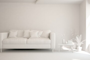 White minimalist living room with sofa. Scandinavian interior design. 3D illustration