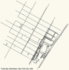 Black simple detailed street roads map on vintage beige background of the quarter Turtle Bay neighborhood of the Manhattan borough of New York City, USA