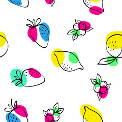 Blue and Red Orange and Berry Vector White Seamless Pattern. Line Lemon and Strawberry Wallpaper. Green and Fuchsia Fruit Summer Print.