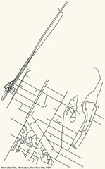 Black simple detailed street roads map on vintage beige background of the quarter Manhattanville neighborhood of the Manhattan borough of New York City, USA