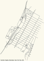 Black simple detailed street roads map on vintage beige background of the quarter Hamilton Heights neighborhood of the Manhattan borough of New York City, USA