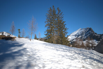 Fototapeta na wymiar Majestic winter panorama in Amden in Switzerland 21.2.2021