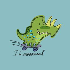 funny cartoon dinosaur doing skateboarding and smiling © Anna